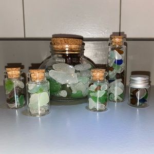 6 Small Glass Jars with Beach/Sea Glass